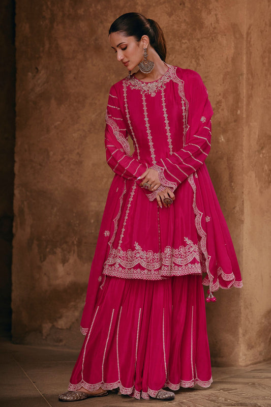 Pink Chinon Silk Sharara Suit - Embroidery Work