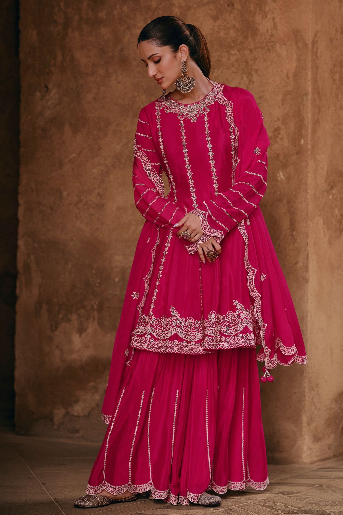 Pink Chinon Silk Sharara Suit - Embroidery Work